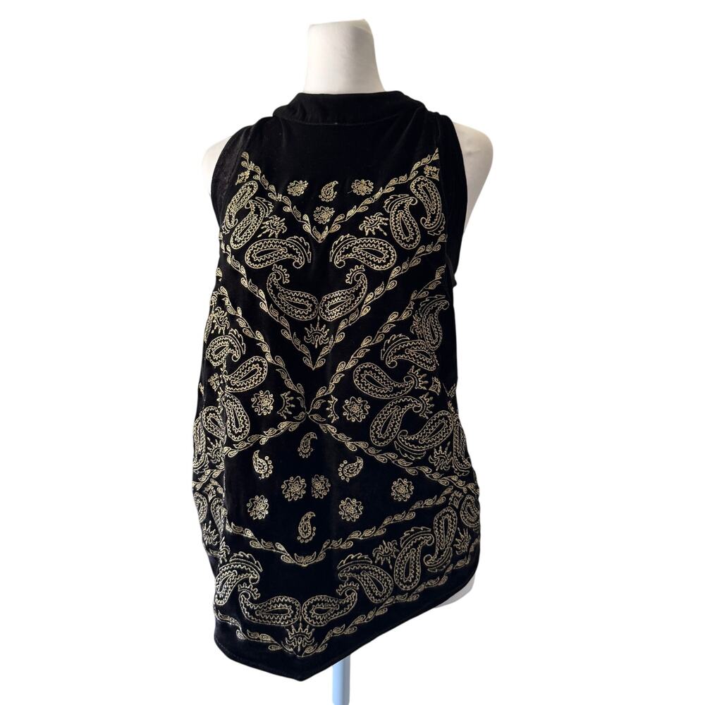 Boston Proper Black Velvet & Gold Embroidered Stretchy Sleeveless Halter Top